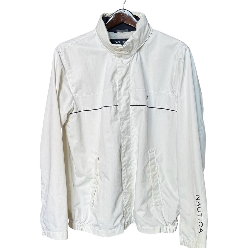 Nautica Men's Large White Sailing Windbreaker Jacket Hood Under Collar Tuck
